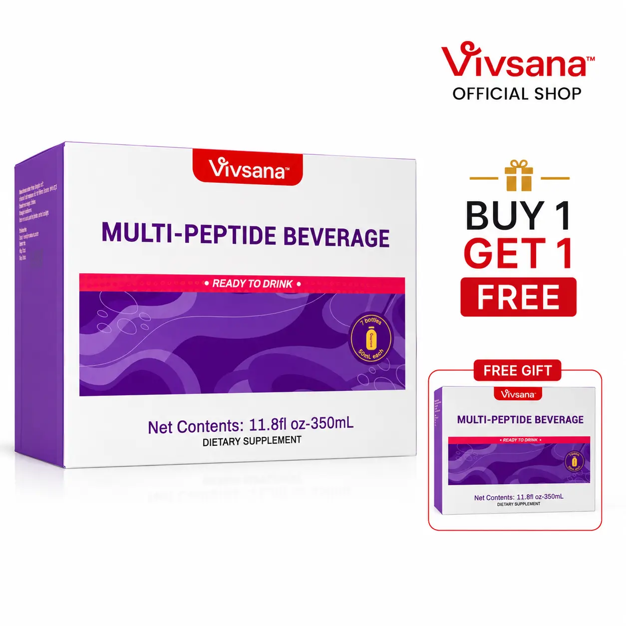 BOGO！Vivsana Multi-Peptide Beverage - 7 x 50mL Bottles - Sturgeon Peptide Balance Formula for Women's Wellness with FERMLOVE Peptide & 5 Berry Antioxidants