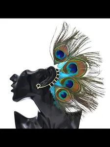 Vintage Peacock Feather Earrings, No Piercing Ear Cuffs, Bold Indian Style, New Cross-Border Fashion Jewelry