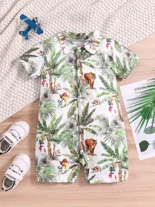 Spring Summer Full Print Cartoon Cute Tiger Coconut Tree Onesie Bodysuit for Newborn Baby Boys Girls, Flip Collar Jumpsuit