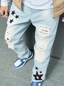 Blue Ripped Jeans for men Straight Leg Fashion Comfort Mid Waist Denim Pants Star Embroidery Casual Trousers