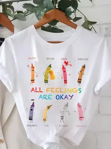 Women's Cartoon Crayon Print Round Neck Tee, Fashion Casual Short Sleeve T-shirt, Ladies Summer Clothes for Daily Wear