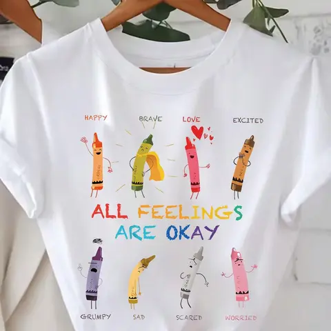 Women's Cartoon Crayon Print Round Neck Tee, Graphic Tee, Fashion Casual Short Sleeve T-shirt, Ladies Summer Clothes for Daily Wear, Tops