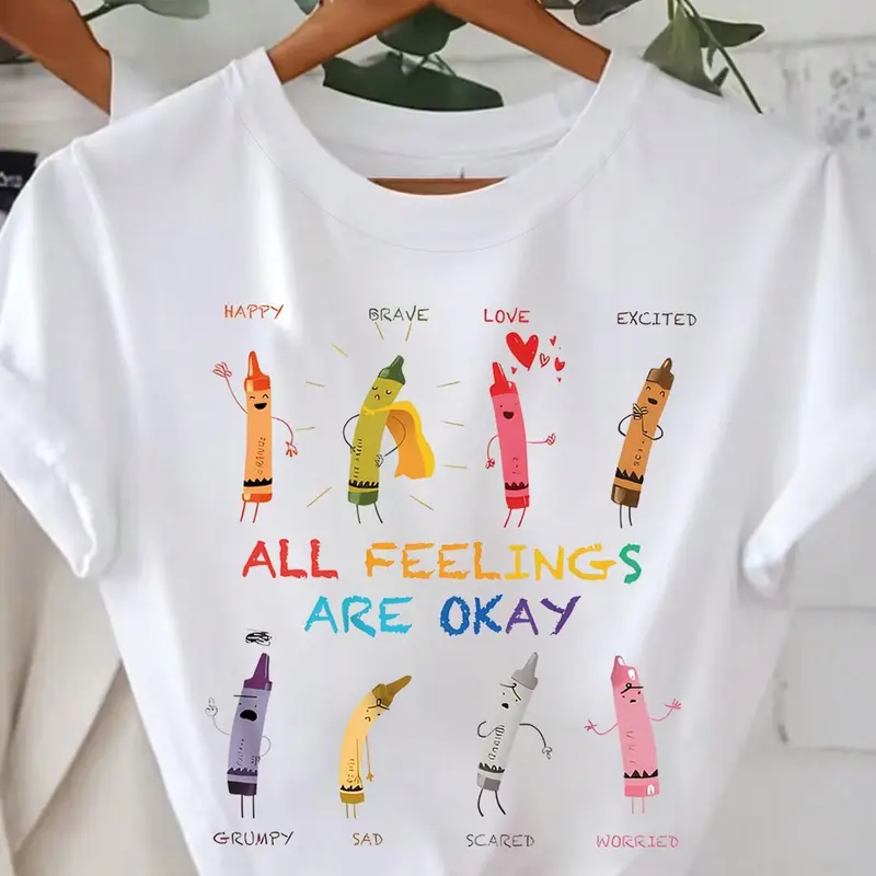 Women's Cartoon Crayon Print Round Neck Tee, Graphic Tee, Fashion Casual Short Sleeve T-shirt, Ladies Summer Clothes for Daily Wear, Tops