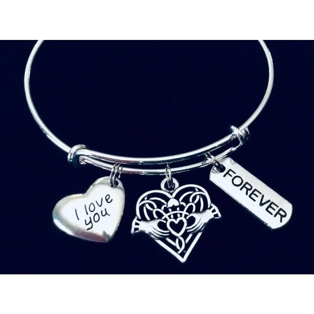 Celtic Claddagh I Love You Silver Expandable Charm Bracelet Adjustable Stacking Bangle