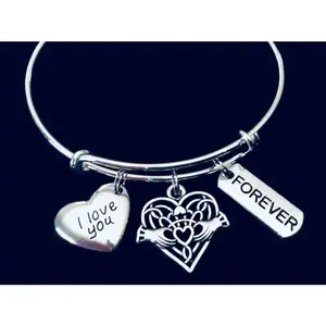 Celtic Claddagh I Love You Silver Expandable Charm Bracelet Adjustable Stacking Bangle