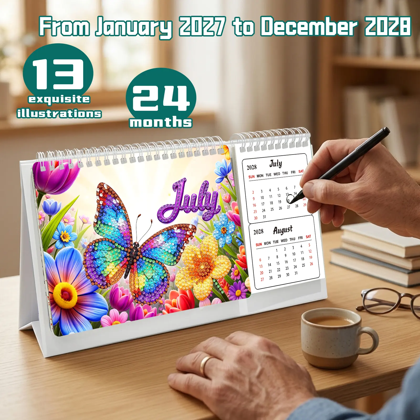 DIY Butterfly & Floral Diamond Painting Desk Calendar 2027-2028, 13 Exquisite Monthly Holiday Art Illustrations, Jan 2027-Dec 2028 Coverage, Markable Dates Area, Paper Rhinestones, Dual-Use Table Ornament, Christmas Gift Idea