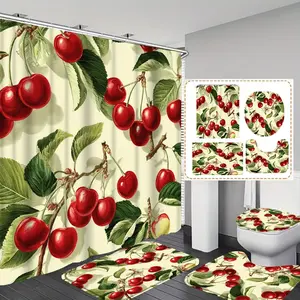 1pc/4pc Fresh Cherry Fruit Pattern  printed shower curtain, shower curtain set with 12 hooks. The shower curtain set includes a bath mat, U-shaped floor mat, toilet seat cushion, Waterproof Bathroom Curtain