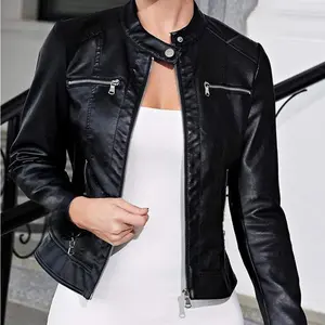Mock Neck Zip Up PU Leather Moto Jacket Punk Music Festival Fit Womenswear
