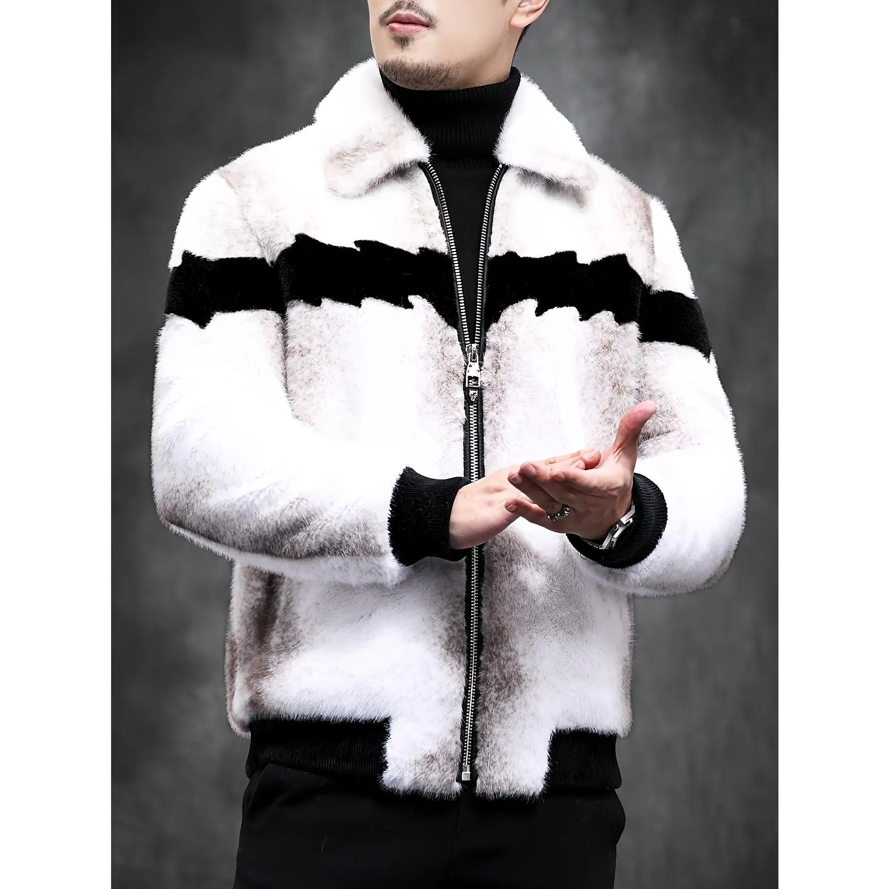 Men's Faux Mink Fur Coat - Winter Warmth Striped Zip-Up Jacket with Lapel Collar, Excellent Softness, Windproof, Casual Outdoor Leisure Wear, Non-Stretch Fabric - For Men - Suitable for Autumn/Winter Season - Perfect Gift for Outdoor Enthusiasts