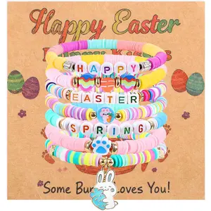 7 Pcs Easter Bunny Beaded Bracelet Set - Stackable Polymer Clay Heishi Stretch Bracelets with Bunny Carrot Egg Charms, easter bracelet bunny bracelet for gir, Easter Spring Jewelry Gifts for Teen