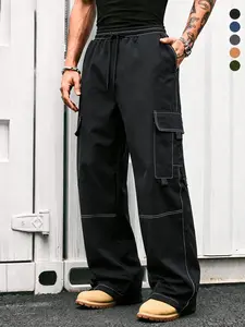Black contrast-thread wide-leg cargo pants — Y2K retro high-street style; suitable for Gen Z and music festival outfits; lightweight, quick-drying functional design; ideal for outdoor hiking and casual everyday wear; cargo pants.