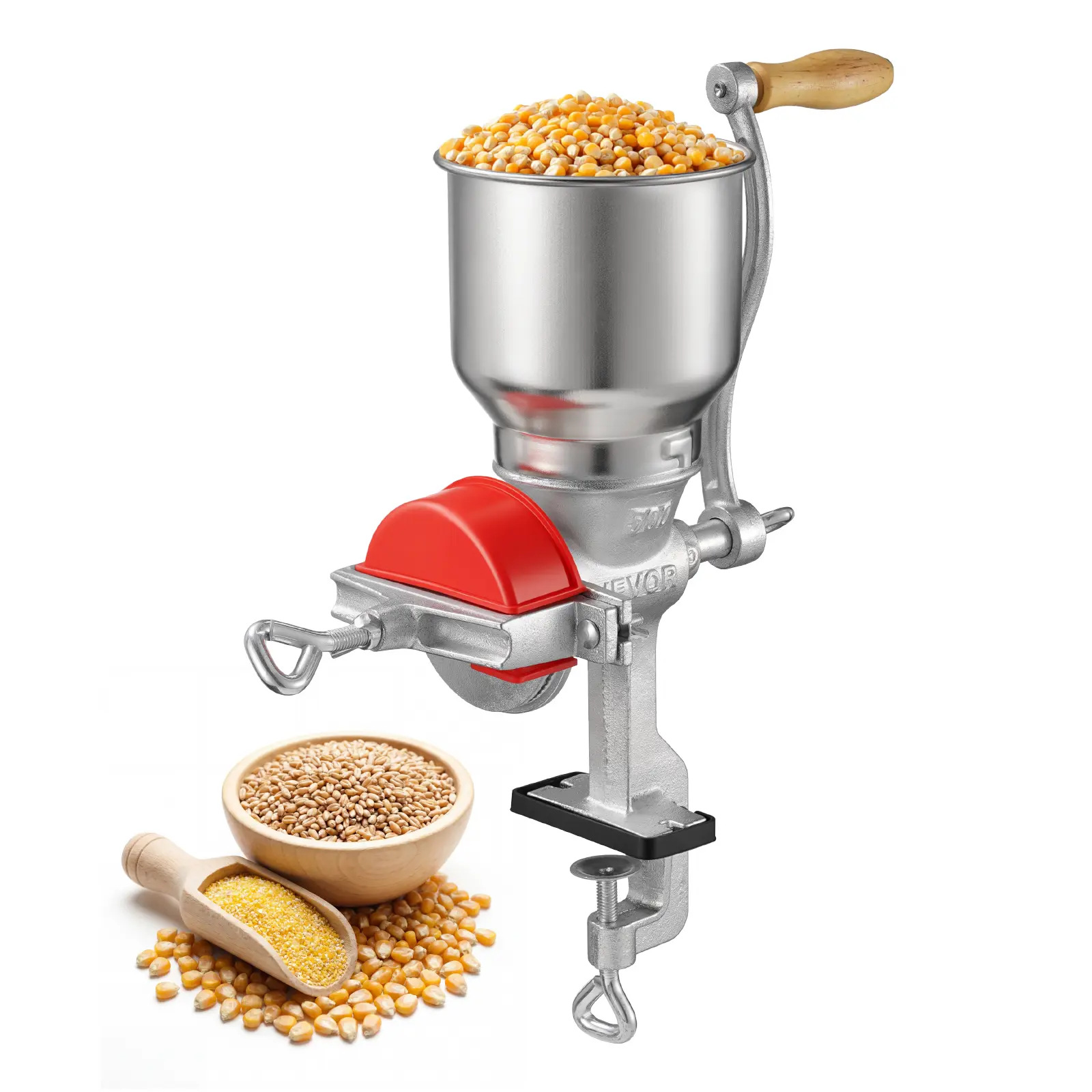 VEVOR Heavy-Duty Cast Iron Manual Grain Mill, Adjustable Fineness Hand-Crank Grinder with High Hopper, Stable Table Clamp & Dust Cover, Grinds Grains, Spices, Coffee Beans