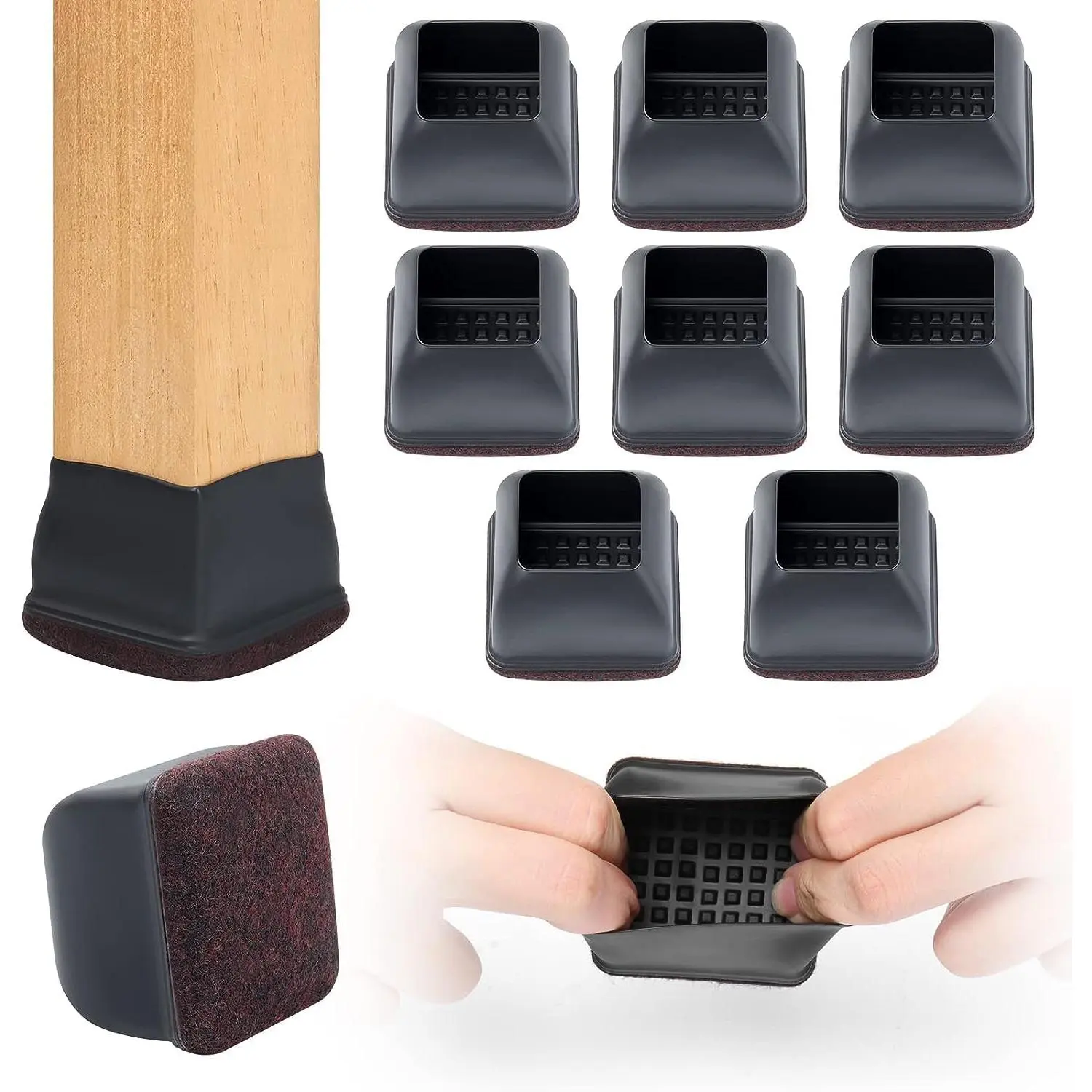 8 count  Square Chair  Floor Protectors,  Felt Furniture Pads for Hardwood Floor, Dining Table Bar Stool  Protectors  Cups Covers (XL Fit: 1.5" - 2", Black)