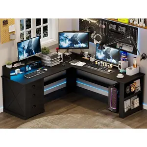 Executive L Shaped Desk with Monitor Stand, 59 inch Farmhouse Corner Computer Desk with Power Outlets & LED Lights, Home Office Desk with File Cabinet for Working Gaming Writing
