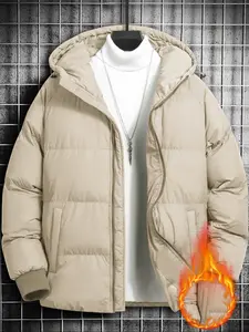 Men's Thick Fashion Casual Cotton Jacket, Hooded Design with Fleece Lining, Long Sleeve Plain Style for Fall & Winter