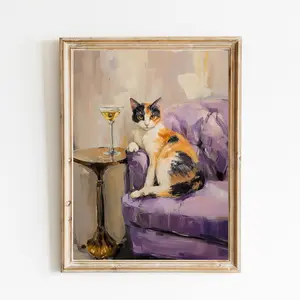 Calico Cat with Martini Art Print, Cute Quirky Whimsical Art Bar Cart Decor, Fine Art Print Gift, Trendy Home Decor
