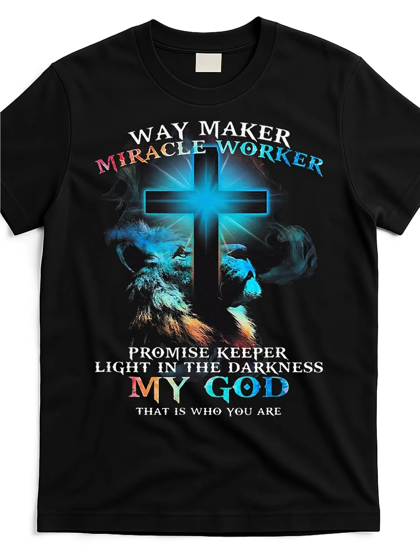 [Retro Christian T-Shirt] Retro Christian Graphic T-Shirt - Way Maker Miracle Worker Jesus Lion Design with Inspirational Scripture Quotes, Black Comfortable Round Neck Short Sleeve Tee for Casual Sportswear & Outdoor Activities, Machine Washable All-Seas