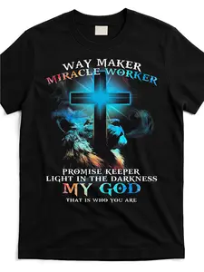 [Retro Christian T-Shirt] Retro Christian Graphic T-Shirt - Way Maker Miracle Worker Jesus Lion Design with Inspirational Scripture Quotes, Black Comfortable Round Neck Short Sleeve Tee for Casual Sportswear & Outdoor Activities, Machine Washable All-Seas