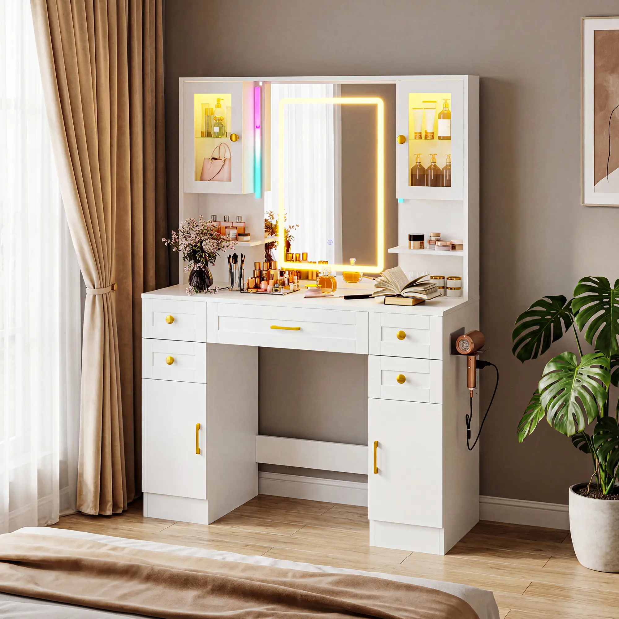 Lighted Vanity Dressing Table with 3-Color LED Mirror, Large Storage Drawers, Built-in Charging Port, Hair Dryer Holder and RGB Cabinet, Perfect for Bedroom Makeup Use