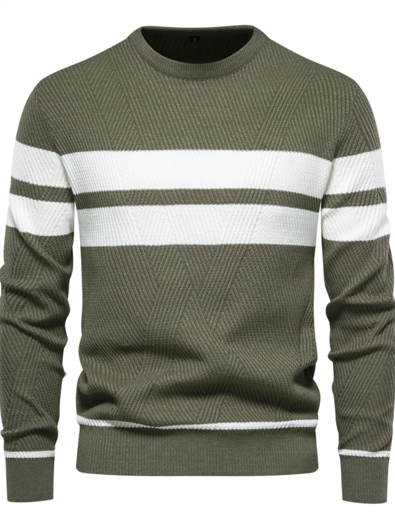 Men's Casual Crew Neck Knit Pullover Sweater, Long Sleeve, Colorblock Striped Design, Geometric Texture, Fitted Style, Fall & Winter Wear, Knitwear
