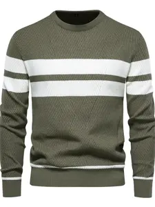 Men's Casual Crew Neck Knit Pullover Sweater, Long Sleeve, Colorblock Striped Design, Geometric Texture, Fitted Style, Fall & Winter Wear