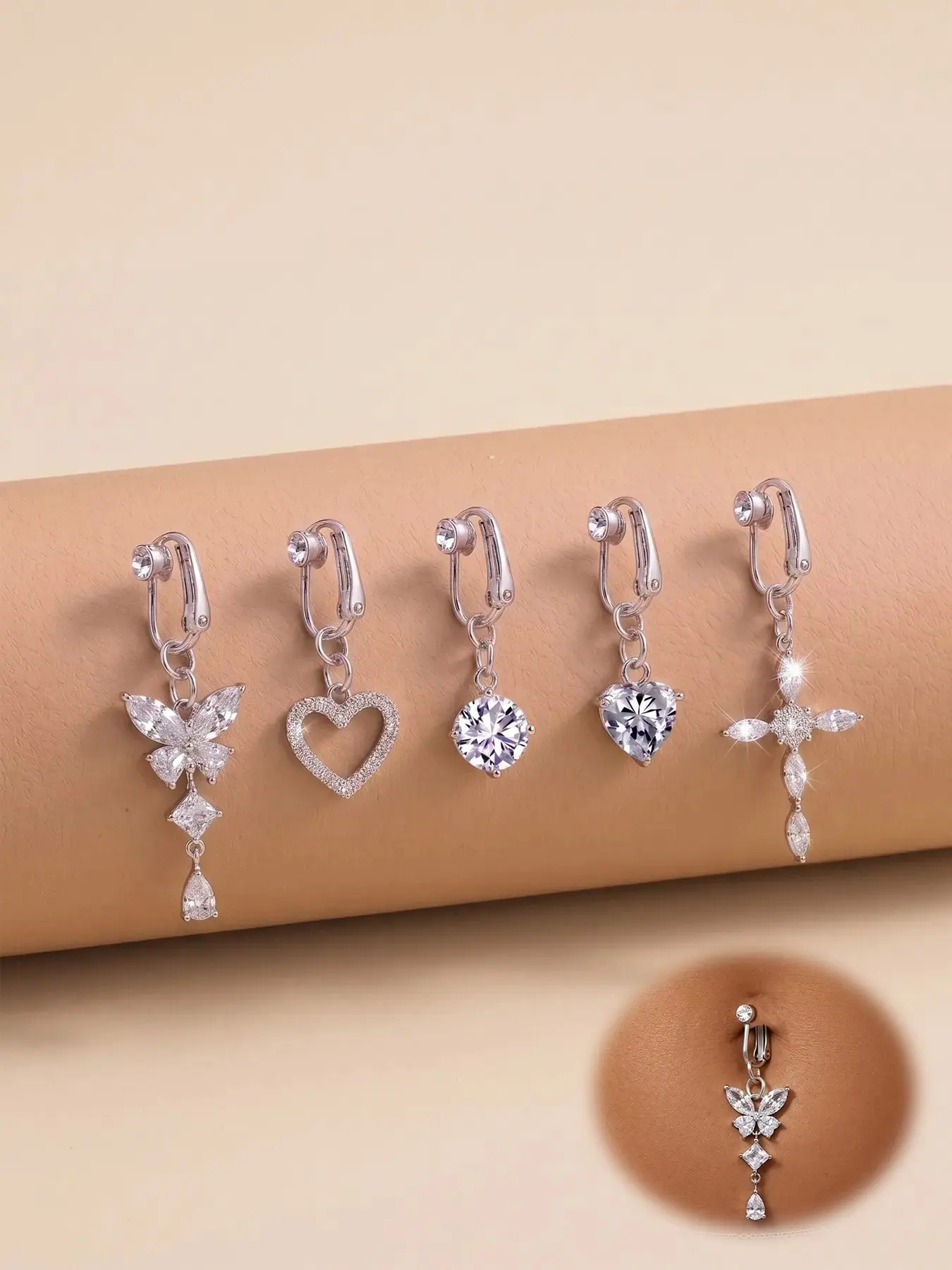 Non-Piercing CZ Fake Belly Piercing Hypoallergenic 316L Stainless Steel Butterfly & Heart Clip On Umbilical Navel Fake Piercing Fake Clip for Women, with Pain-Relieving Silicone Pad, Body Jewelry Navel Ring Belly Hoops, Body Jewellery