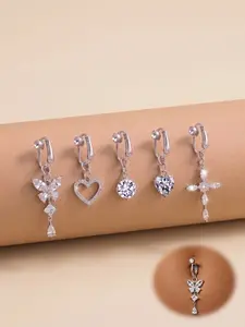 Non-Piercing CZ Fake Belly Piercing Hypoallergenic 316L Stainless Steel Butterfly & Heart Clip On Umbilical Navel Fake Piercing Fake Clip for Women, with Pain-Relieving Silicone Pad