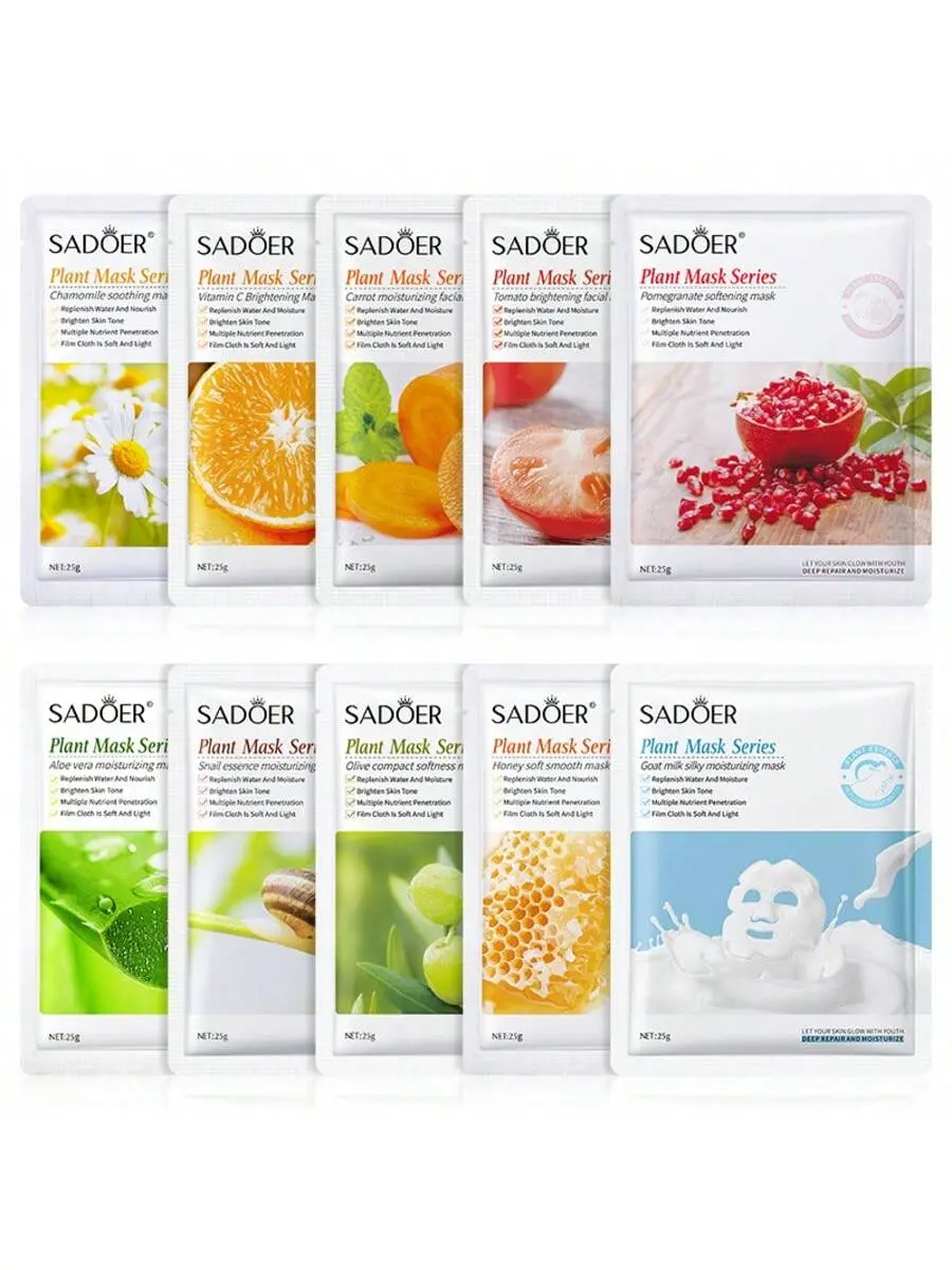 SADOER 10pcs Natural Plant Extracts Sheet Cream Face Mask Multi-Pack - Aloe, Vitamin C, Snail, Pomegranate, Moisturizer, Deep Moisture, Youth-Boosting, Skin-Nourishing, Fresh Scented, Unisex for All Skin Types
