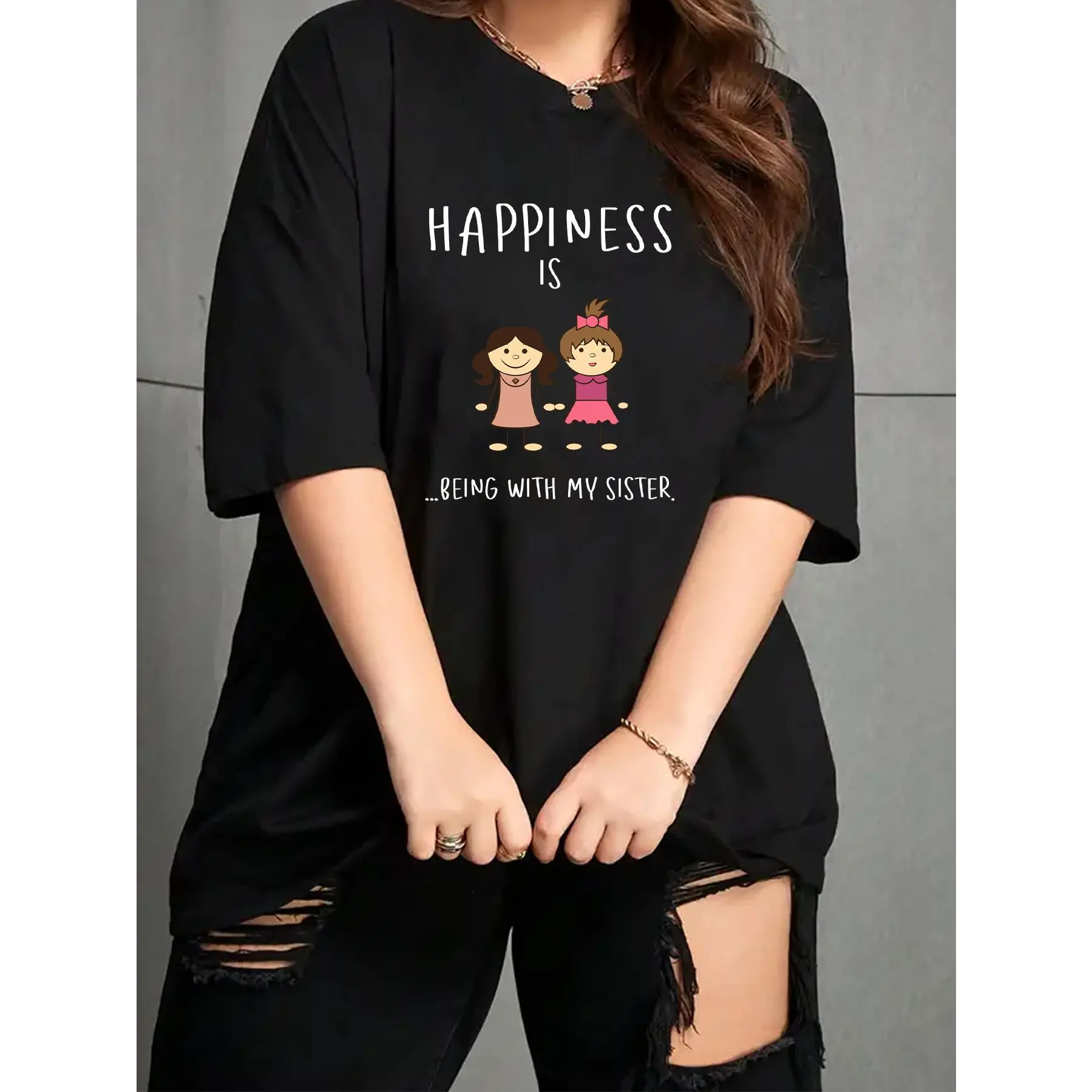 Women's Plus Size Cotton T-Shirt - Baggy Oversize Short Draped Casual Crew Neck Top with "Sister" Graphic Print, Soft Loose Fit for All Seasons, Oversized, Digital Print, Basic, Elegant, Lady, Dry Clean, Streetwear, Minimalist Basic, Round Neck, Tshirt