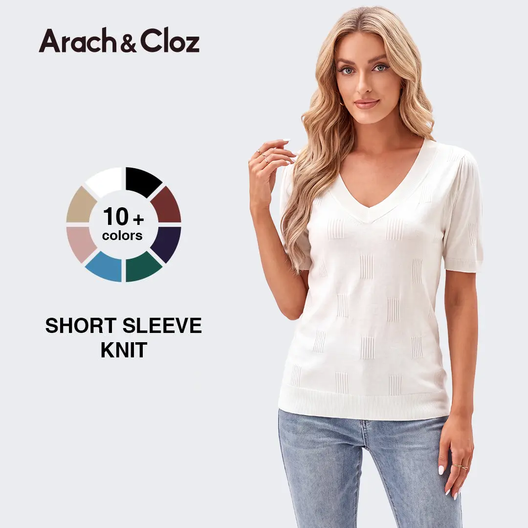 Arach&Cloz Women's Tops 2026 Spring Summer Short Sleeve Sweater Fashion Trendy Dressy Casual Outfit Versatile Knit Blouse