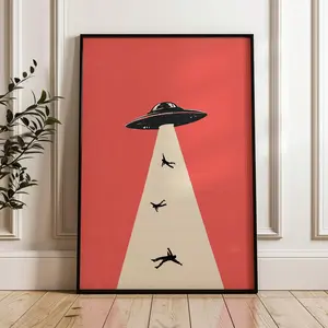 Alien Abduction UFO Poster, Retro Futurism Whimsical Print, Classic Y2K Spaceship Wall Art, Aesthetic Cosmic Decor, Unframed Print Only