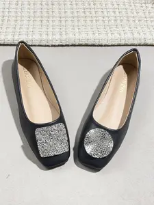 Women's Square Toe Ballet Flats, Soft Artificial Leather, Sparkly Rhinestone Buckle, Comfortable All-Season Dress Shoes