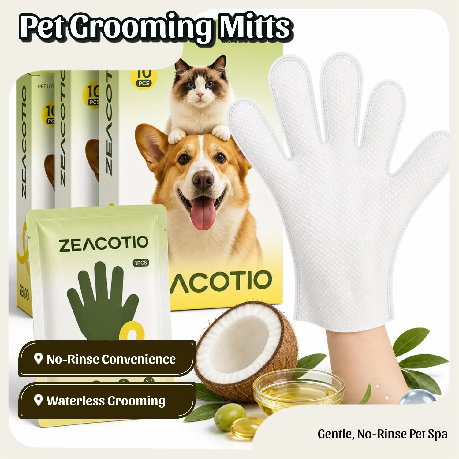 Plant-Based Disposable Waterless SPA Grooming Gloves - No-Rinse, Deodorizing Mitts for Dogs, Cat Grooming Bath Accessories