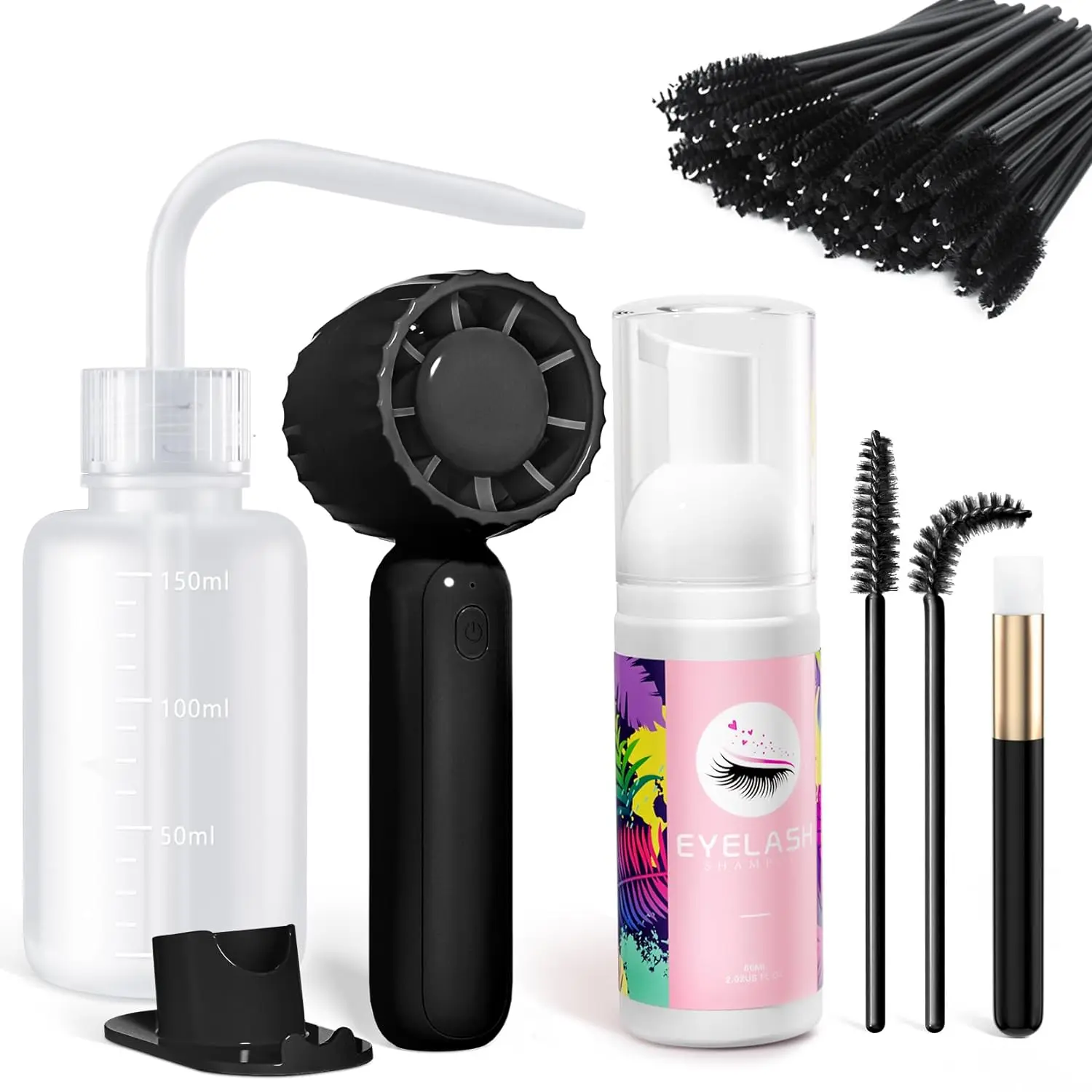 Lash Cleaning Kit, Eyelash Extension Cleanser, 60ML Lash Shampoo with Rechargeable Handheld Lash Fan Dryer, Mascara Brush Rinse Bottle, Makeup Cleansing Foam for Lash Care, Makeup Remover