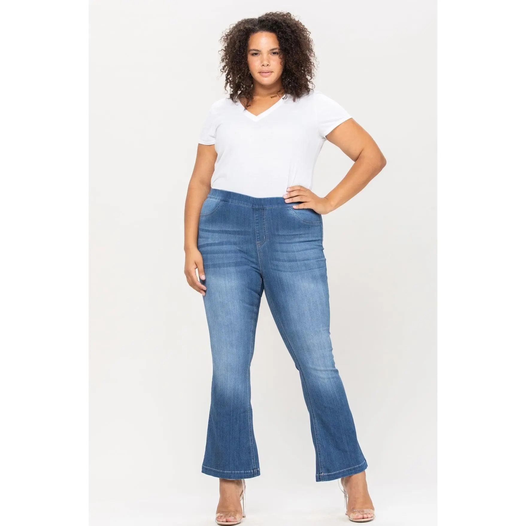 Cello Mid Rise Flare Jeggings-Medium Denim, PLUS