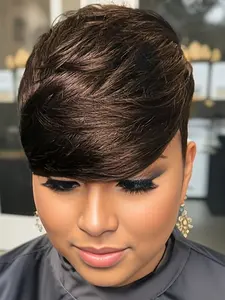Human Hair Short Wavy Wig With Bangs Full Machine Made For Women Human Hair  Pixie Cut Wig