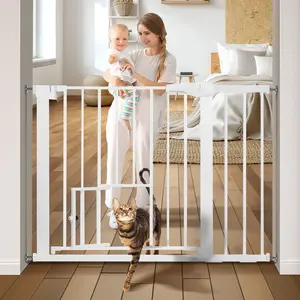 BIOBY Baby Gate with Pet Door - Pressure Mount Safety Gate for Stairs & Doorways, Auto-Close Walk Through Design for Babies and Pets, Easy Install Child & Dog Gate, Bottom of Stairs Secure Barrier