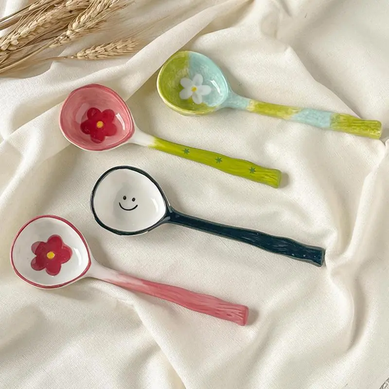 Kawaii Ceramic Flower Soup Spoon Cute Korean Ice Cream Hand Painted Dessert Spoon With Long Handle Kitchen Tableware Accessories