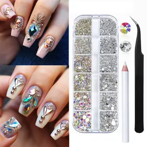 12 Grid Nail Art Flat Bottom Rhinestone Box Decorations Accessories Nail Art Ornaments Flat Bottom Rhinestones Round Rhinestones Mixed Rhinestones Long Strip Box Nail Art Rhinestones