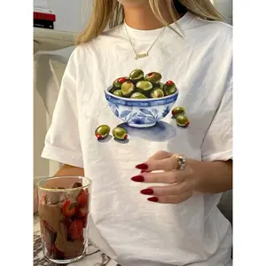 round Neck Retro Casual Printed T-shirt Top Women's Clothing