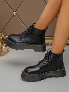 Women's Thick Sole Boots, British Style, New Arrival, Short Boots, 5cm Heel, Lace-Up Motorcycle Boots, All Seasons, Chunky Ankle Boots