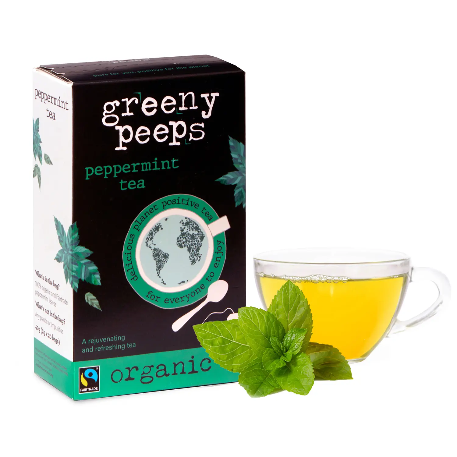 Greenypeeps Organic Peppermint Tea | Refreshing and Soothing Peppermint Herbal Tea  | Caffeine-Free | Fairtrade Certified, USDA Organic | Eco-Friendly Tea Bags | 100% Recyclable Packaging | 3% Back to Community | Carbon Negative & Planet Positive Tea