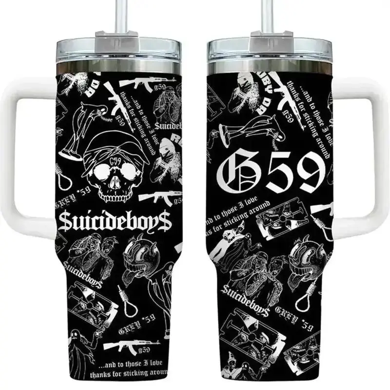 [Gift box and straw] G59 Grey Five Nine Suicideboys 40oz Insulated Tumbler, Multicolor Skull Collage Aesthetic Travel Mug, Dark Trap Goth Underground Rap Style Cup, Premium Stainless Steel Heat Cold Retention Drinkware