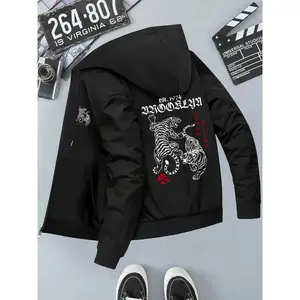 Bmuvlss Men's Japanese-Inspired Tiger & Sakura Cherry Blossom Print Hooded Jacket - Slim-Fit Full-Zip Winter Coat with Stand Collar, Machine Washable Casual Outerwear for Autumn/Winter, Japanese Text Design & Zippered Pockets (No Lining) - Stylish Men's F