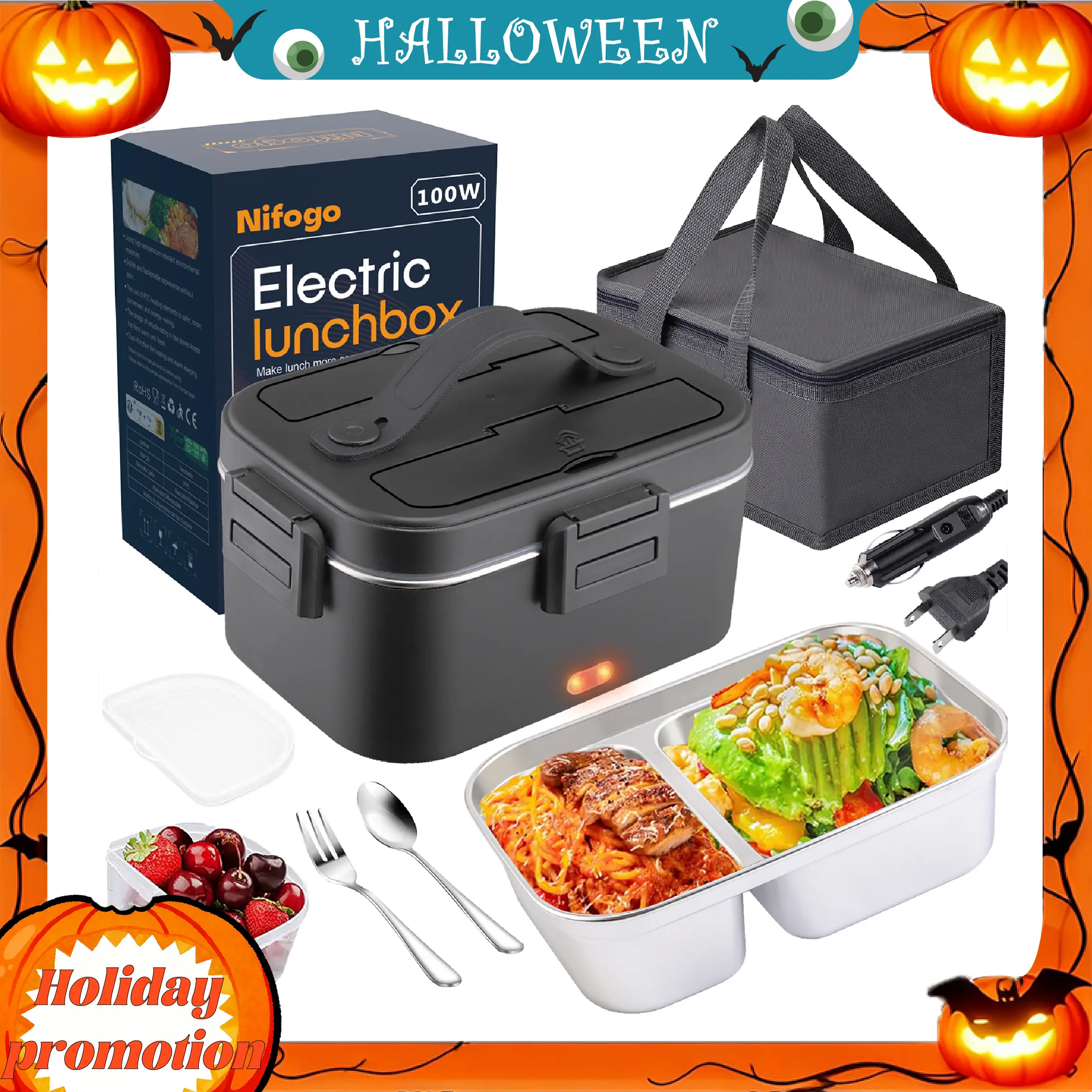 Nifogo Electric Lunch Box Food Heater for Adults, 12V/24V/110V Portable Heated Lunch Box with Fork & Spoon, Insulated Carry Bag - Springtok Tableware