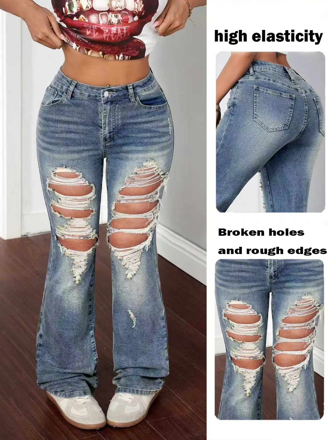 Women's High Elasticity Vintage Style Ripped Denim Bell-Bottom Pants, Casual Daily Wear, Retro Fashion Jeans for Women, Fit