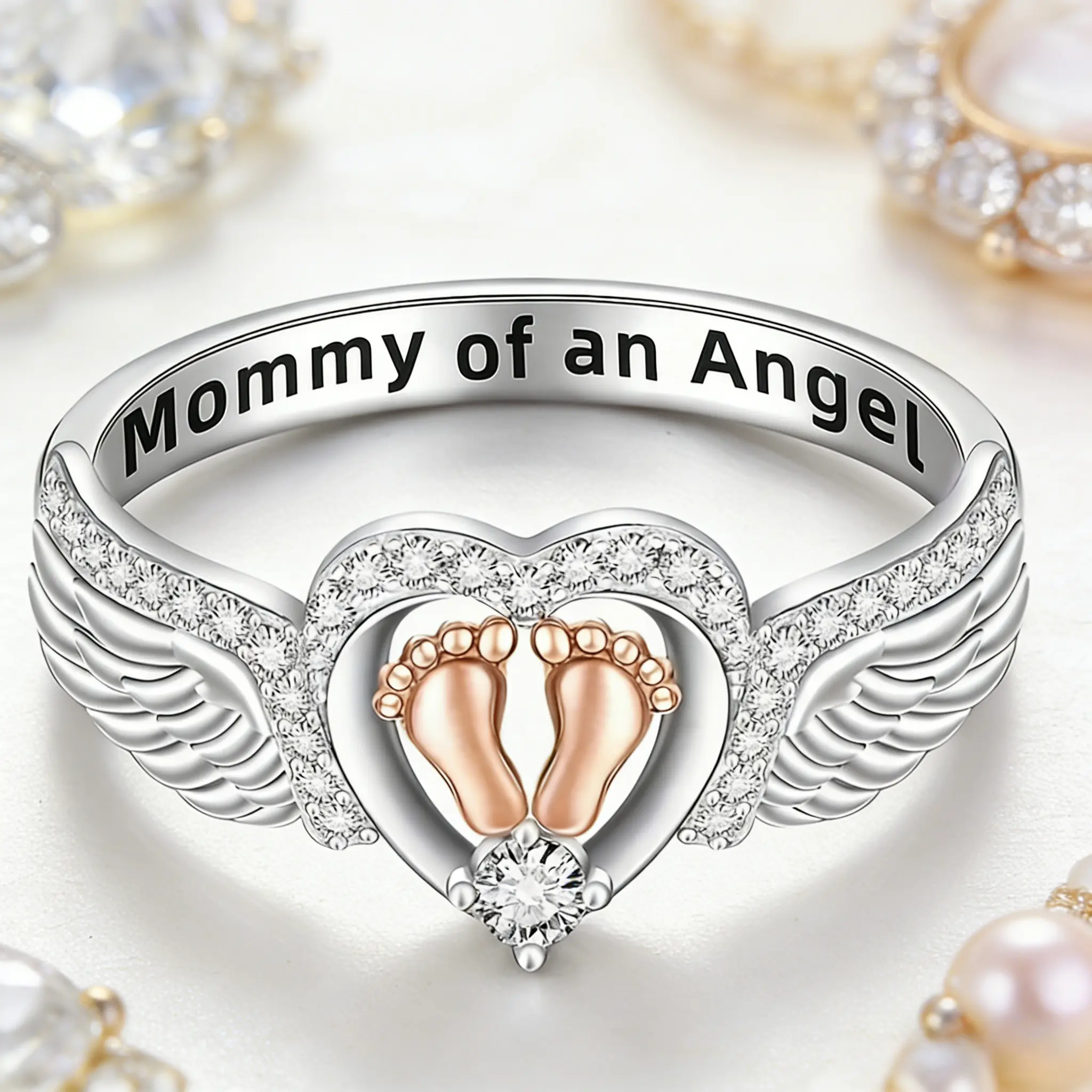 Women's Meaningful Ring Angel Wings Heart Design with Baby Feet Perfect Gift for Special Occasions Mommy of an Angel - Beautiful Addition