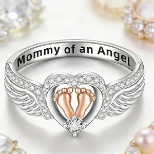 Women's Meaningful Ring Angel Wings Heart Design with Baby Feet Perfect Gift for Special Occasions Mommy of an Angel - Beautiful Addition