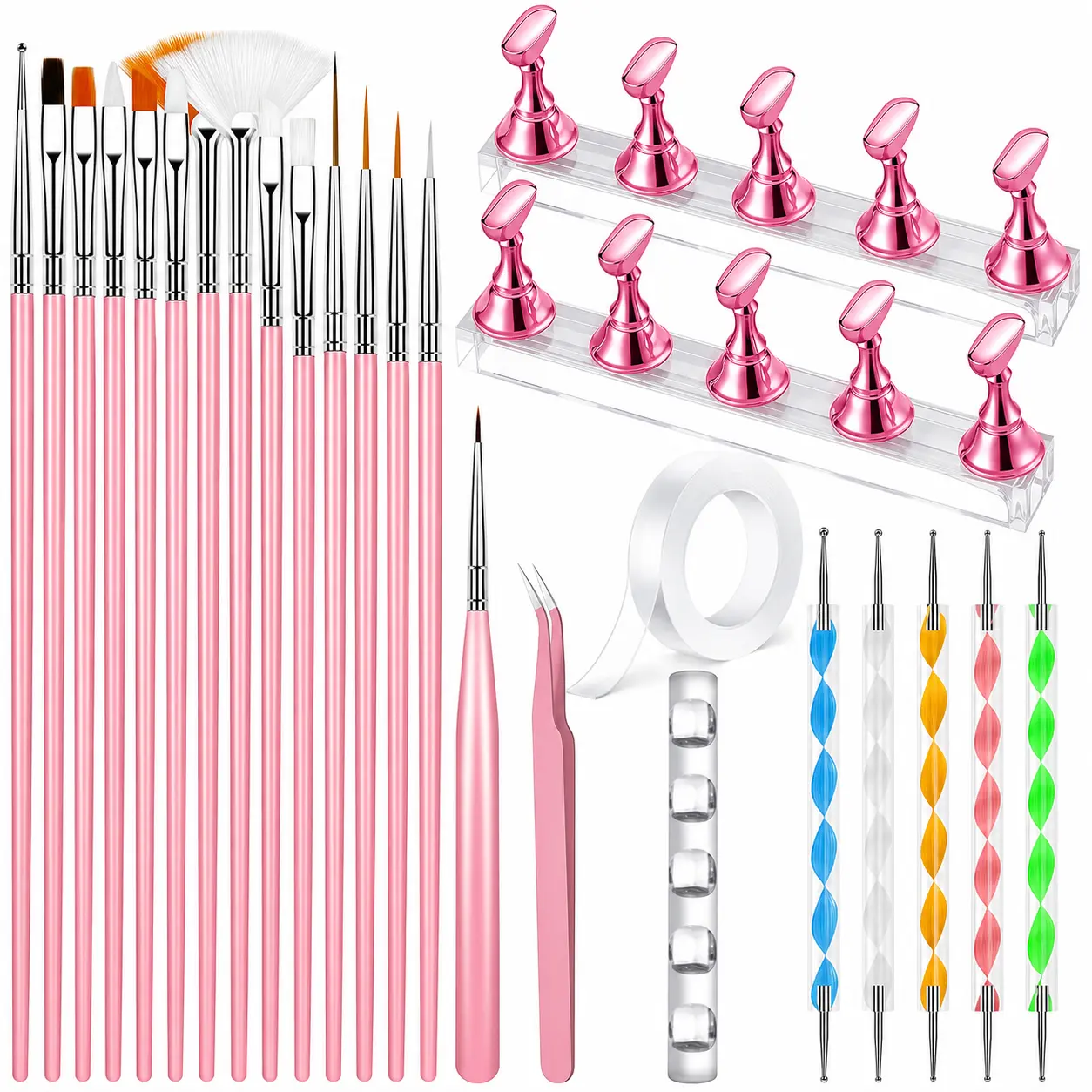 Nail Art Tools Set, 15 PCS Nail Art Brushes, Nail Stand for Press Ons, 5PCS Nail Dotting Tool and Brush Rack with Double Sided Tape Tweezers for Home Salon DIY Beginner Supplies