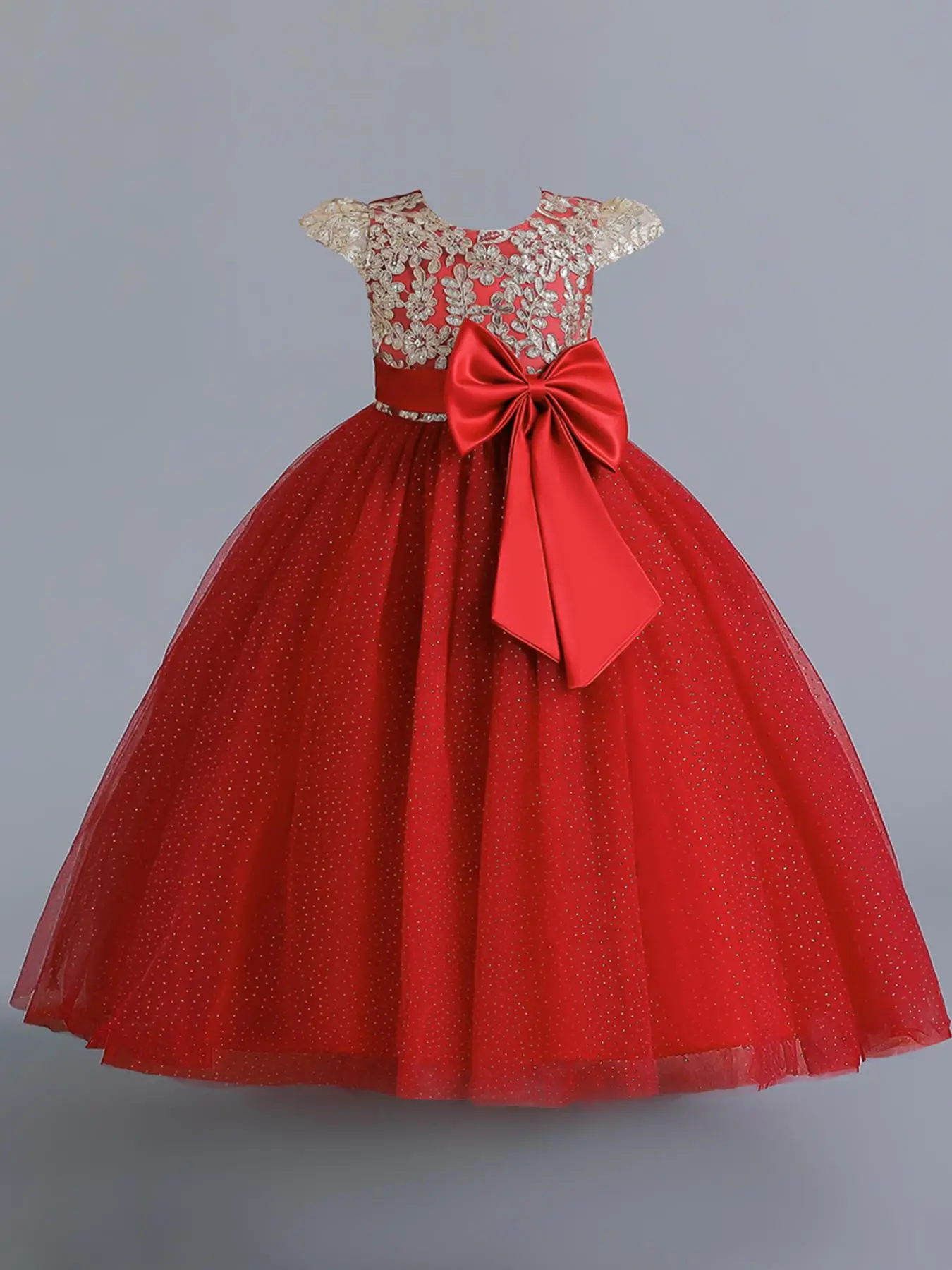 Girl's Contrast Sequin Bow Decor Belted Fit and Flare Tulle Dress, Elegant Cap Sleeve Round Neck Party Dress for Performance Wedding Guest, Kids Cloth